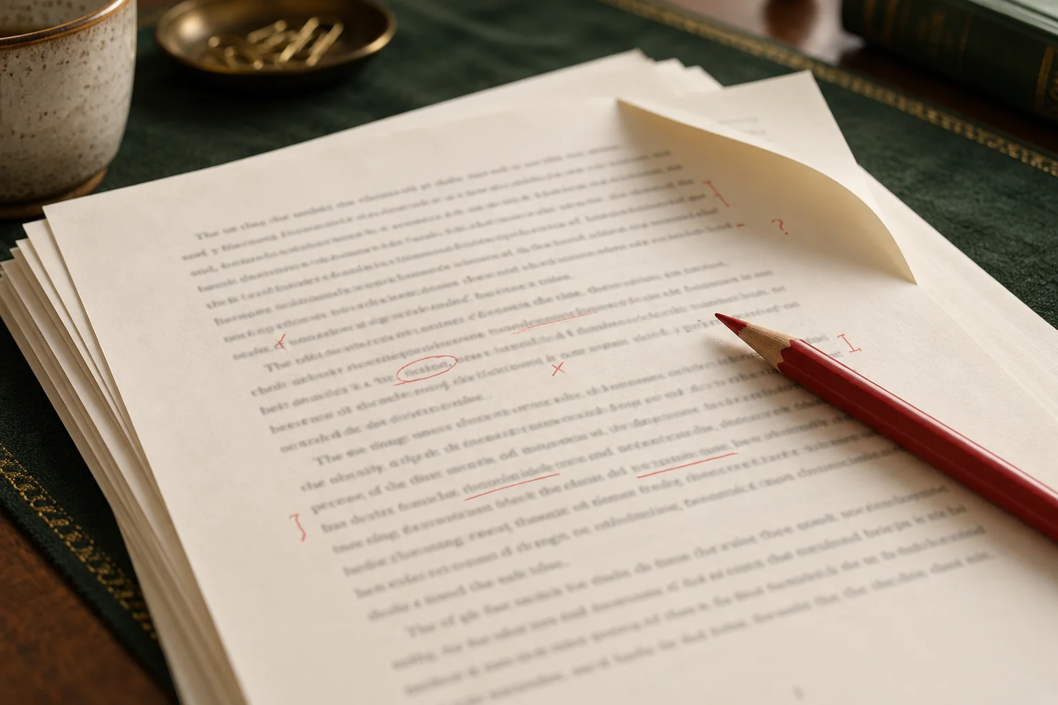 Manuscript proof pages with red pencil corrections and a folded paper corner