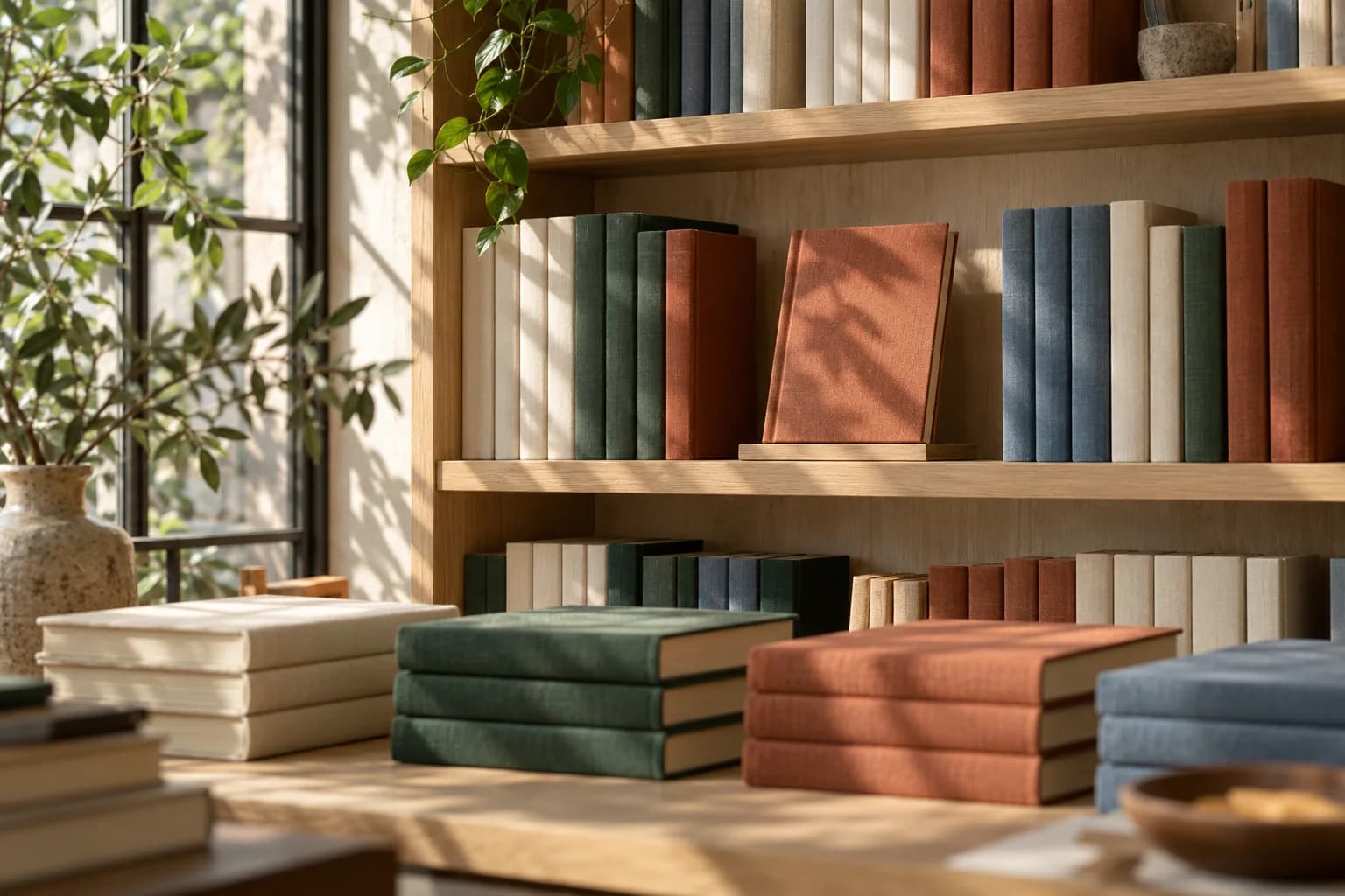 Clothbound books displayed on pale oak bookstore shelves in window light