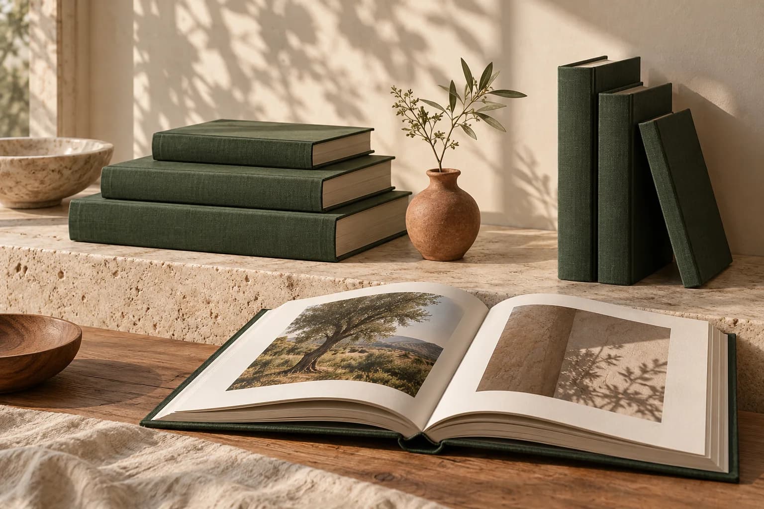 Forest-green clothbound books and an open volume in warm studio light