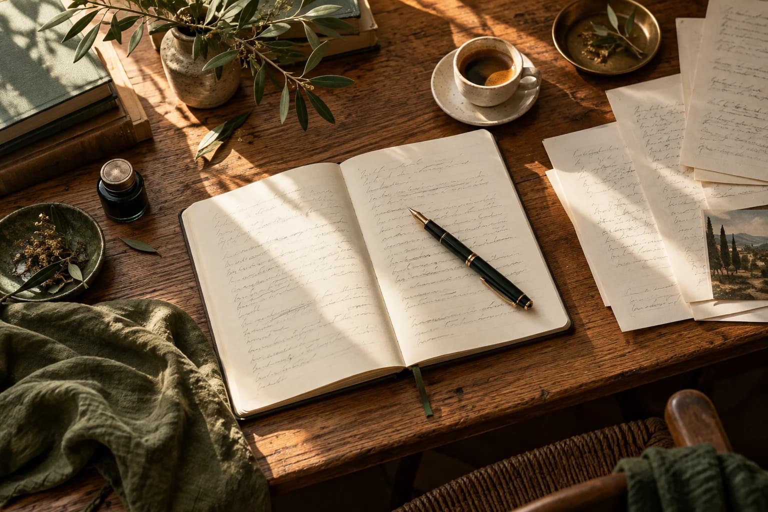 Open notebook, fountain pen, and manuscript pages on a sunlit oak writing desk